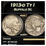 1913-d Ty I Buffalo Nickel 5c Grades ms65+