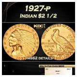 1927-p Gold Indian Quarter Eagle $2 1/2 ms62 detai