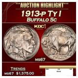1913-p Ty I Buffalo Nickel 5c ms67 SEGS