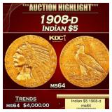 1908-d Gold Indian Half Eagle $5 ms64 USCG