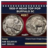 1935-p Buffalo Nickel Near Top Pop 5c ms67+ SEGS