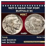 1927-d Buffalo Nickel Near Top Pop! 5c ms65+ SEGS