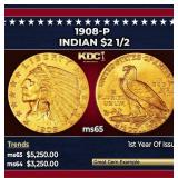 1908-p Gold Indian Quarter Eagle $2 1/2 ms65 SEGS
