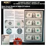 Scarce Uncut Sheet of 4x 1988A $1 Federal Reserve