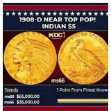 1908-d Gold Indian Half Eagle Near Top Pop! $5 ms6