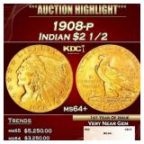 1908-p Gold Indian Quarter Eagle $2 1/2 ms64+ SEGS