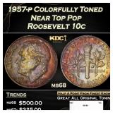 1957-p Roosevelt Dime Colorfully Toned Near Top Po
