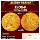 1908-p Gold Indian Half Eagle $5 ms65+ SEGS