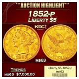 1852-p Gold Liberty Half Eagle $5 ms63 USCG