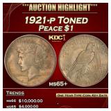 1921-p Peace Dollar Toned $1 ms65+ SEGS