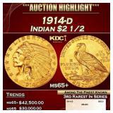 1914-d Gold Indian Quarter Eagle $2 1/2 ms65+ SEGS