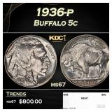 1936-p Buffalo Nickel 5c ms67 SEGS