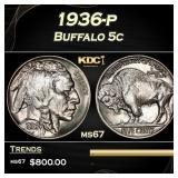 1936-p Buffalo Nickel 5c ms67 SEGS