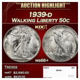 1939-d Walking Liberty Half Dollar 50c ms66+ SEGS
