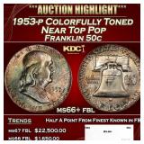 1953-p Franklin Half Dollar Colorfully Toned Near