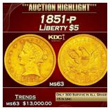 1851-p Gold Liberty Half Eagle $5 ms63 USCG