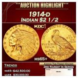 1914-d Gold Indian Quarter Eagle $2 1/2 ms65+ SEGS