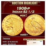 1908-p Gold Indian Quarter Eagle $2 1/2 ms65+ SEGS
