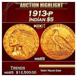 1913-p Gold Indian Half Eagle $5 ms65 USCG