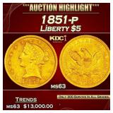 1851-p Gold Liberty Half Eagle $5 ms63 USCG