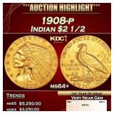 1908-p Gold Indian Quarter Eagle $2 1/2 ms64+ SEGS