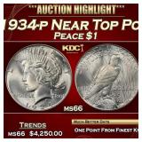 1934-p Peace Dollar Near Top Pop $1 ms66 SEGS