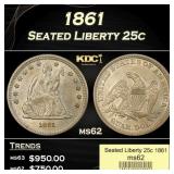 1861 Seated Liberty Quarter 25c ms62 USCG