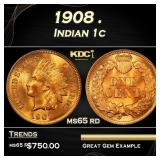 1908 Indian Cent . 1c Grades ms65 rd