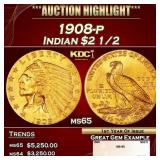1908-p Gold Indian Quarter Eagle $2 1/2 ms65 SEGS