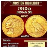 1910-d Gold Indian Half Eagle $5 ms65+ USCG