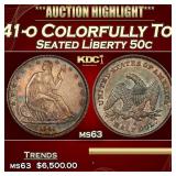 1841-o Seated Half Dollar Colorfully Toned 50c ms6
