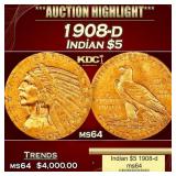 1908-d Gold Indian Half Eagle $5 ms64 USCG