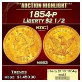 1854-p Gold Liberty Quarter Eagle $2 1/2 ms63 USCG