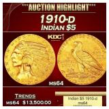 1910-d Gold Indian Half Eagle $5 ms64 USCG