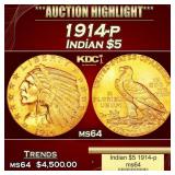 1914-p Gold Indian Half Eagle $5 ms64 USCG