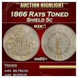 1866 Rays Shield Nickel Toned 5c ms65+ SEGS