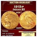 1915-p Gold Indian Half Eagle $5 ms64+ USCG
