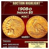 1908-d Gold Indian Half Eagle $5 ms65+ USCG
