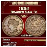 1854 Braided Hair Large Cent 1c ms65+ bn SEGS
