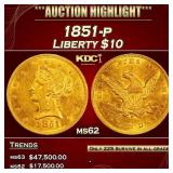 1851-p Gold Liberty Eagle $10 ms62 USCG