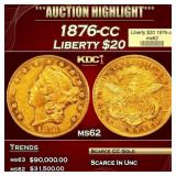 1876-cc Gold Liberty Double Eagle $20 ms62 USCG