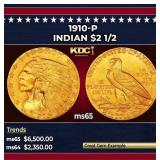 1910-p Gold Indian Quarter Eagle $2 1/2 ms65 SEGS