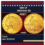 1911-p Gold Indian Half Eagle $5 ms64 USCG
