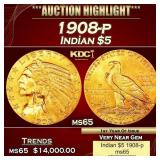 1908-p Gold Indian Half Eagle $5 ms64+ USCG