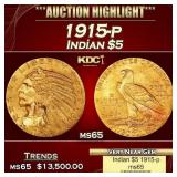 1915-p Gold Indian Half Eagle $5 ms64+ USCG