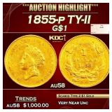 1855-p Gold Dollar TY-II $1 au58 SEGS