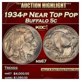 1934-p Buffalo Nickel Near Top Pop 5c ms67 SEGS