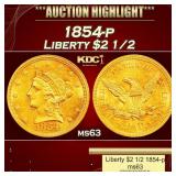 1854-p Gold Liberty Quarter Eagle $2 1/2 ms63 USCG