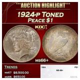 1924-p Peace Dollar Toned $1 ms66+ SEGS