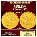 1852-p Gold Liberty Half Eagle $5 ms63 USCG